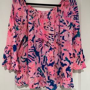 Lilly Pulitzer Corie Off the Shoulder Ruffle Top in Swirling Seadream Size XL